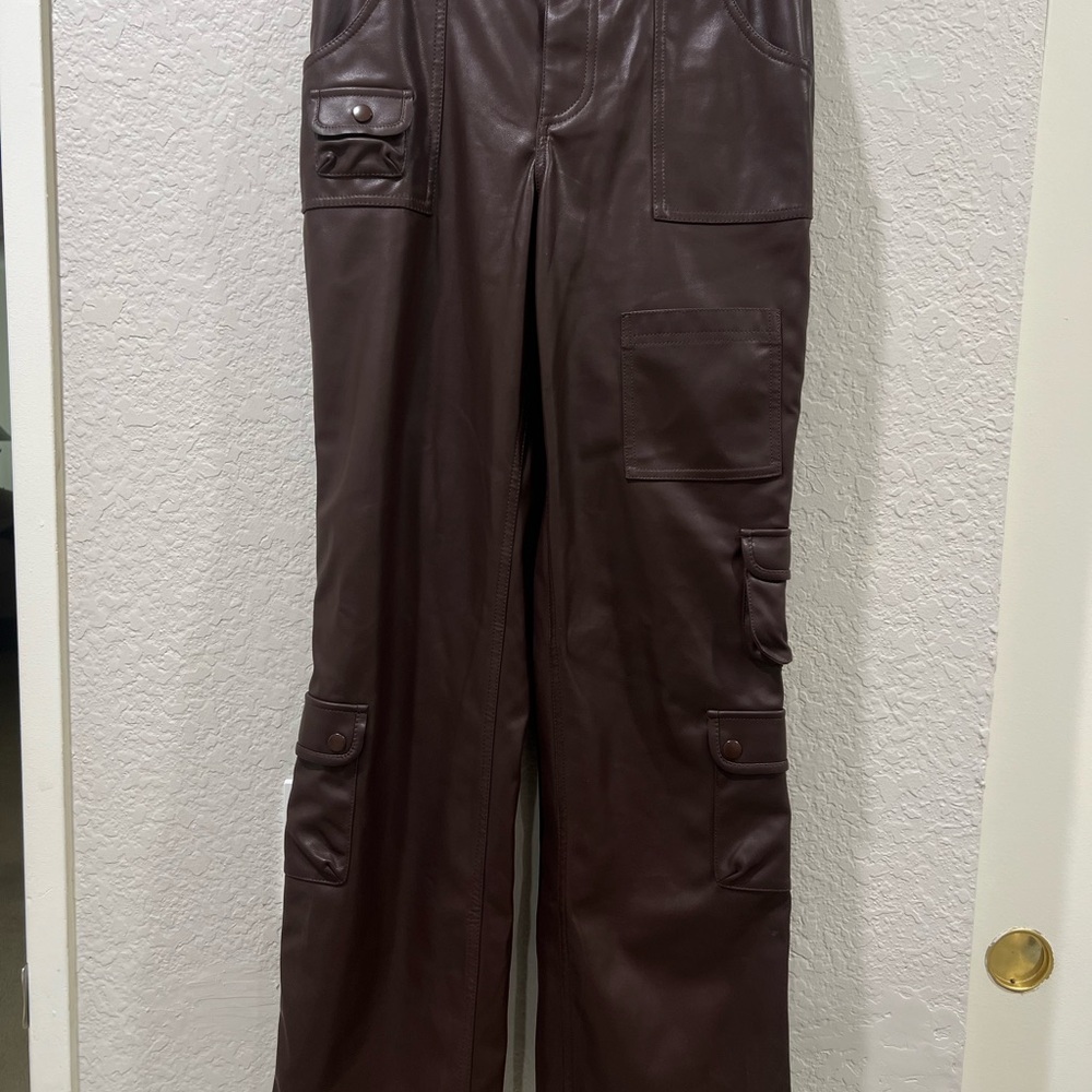 LPA Germano Faux Leather Cargo Pant in Dark Chocolate SIZE XS - Picture 9 of 11